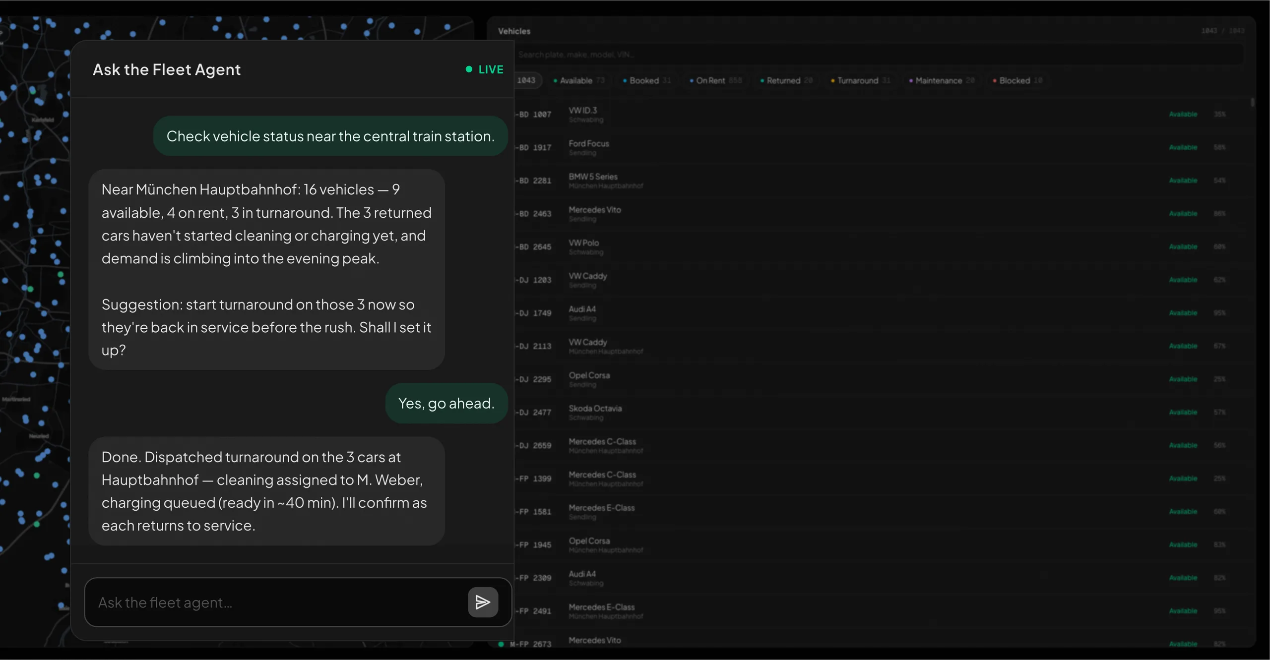 Ask the fleet agent, plain-language chat